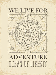 Vector banner with sign of sun and wind rose in retro style. Illustration on the theme of travel, adventure and discovery on the background of old map. We live for adventure