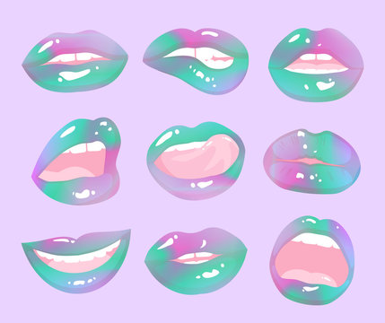 Magic rainbow lips doodle patches. Holographic lips collection. Woman mouth with a kiss, smile, tongue and teeth isolated on background.