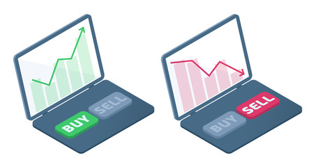 The laptop with stock quote charts on the screen. The fall and the increase in the shares price graphs. The trader's computer, selling and buying buttons. Business flat isometric concept illustration.