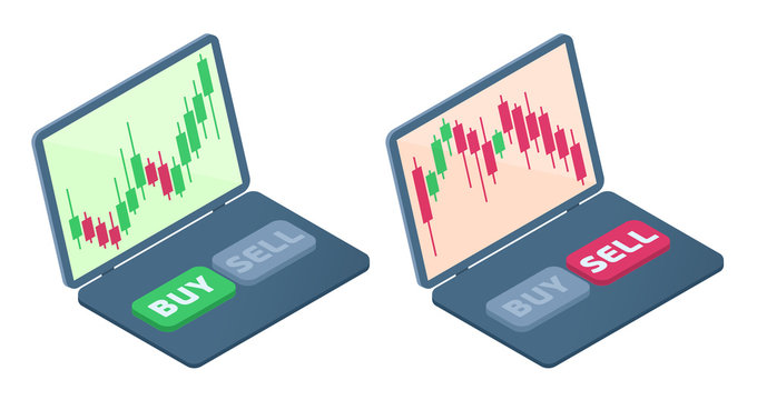 The laptop with stock quote candlestick charts on the screen. The falling and increasing of shares graphs. The broker's laptop, selling, buying buttons. Business flat isometric concept illustration.