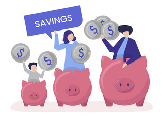 Family with savings and piggy bank icons illustration