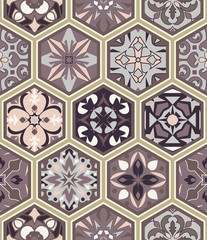 Vector seamless texture. Mosaic patchwork ornament with hexagon tiles. Portuguese azulejos decorative pattern