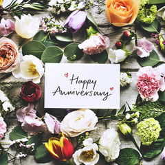 Happy Anniversary card and flowers
