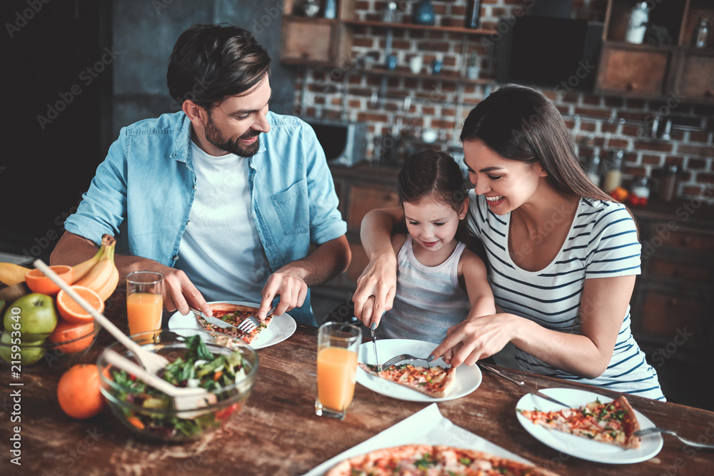 Wall mural family on kitchen