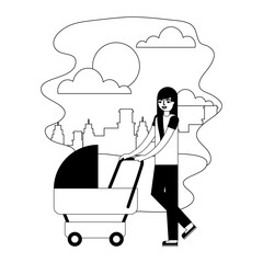 cute mother with baby cart in landscape