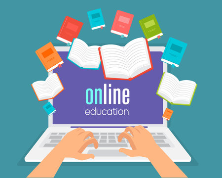 online education, online training courses, distance education flat vector illustration. Internet studying, online book, tutorials, e-learning