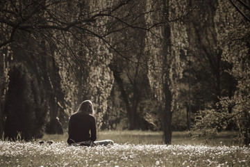 Lonely Sad Young Woman, Back view of female teenager outdoors (unhappy dark sepia effect - image...