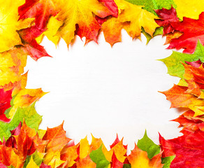 Autumn frame composition with autumn leaves on white background with Copy space.  Flat lay, top view.