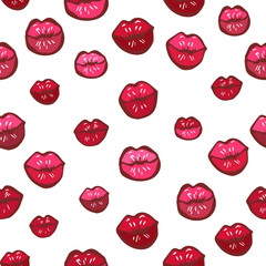 Seamless pattern with hand drawn bright lips. Doodle picture with kisses with template in swatches palette. Easy to use. Vector illustration.