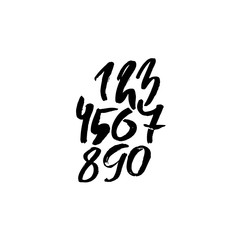 Set of calligraphic ink numbers. Textured dry brush lettering. Vector illustration.