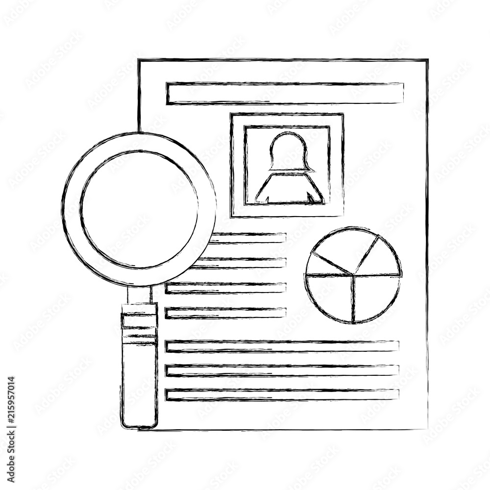 Poster magnifying glass with document file and statistics pie graphic