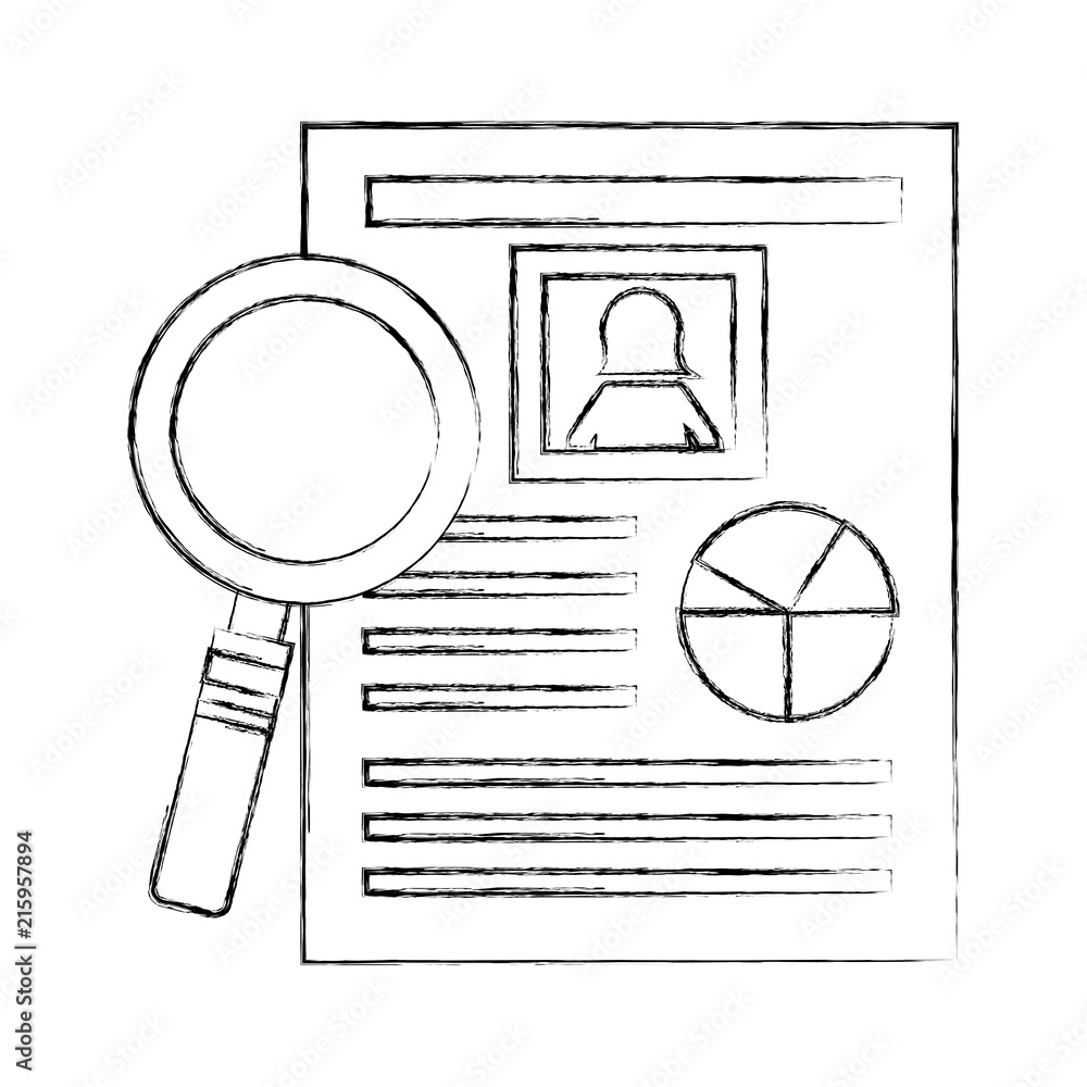 Poster magnifying glass with document file and statistics pie graphic