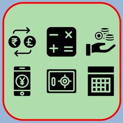 Simple 6 icon set of business related calculator, get money, safebox and smartphone vector icons. Collection Illustration