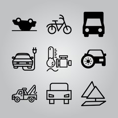 Simple 9 icon set of transport related delivery truck, engine, electric car and car overturn vector icons. Collection Illustration