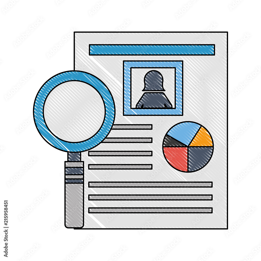 Poster magnifying glass with document file and statistics pie graphic