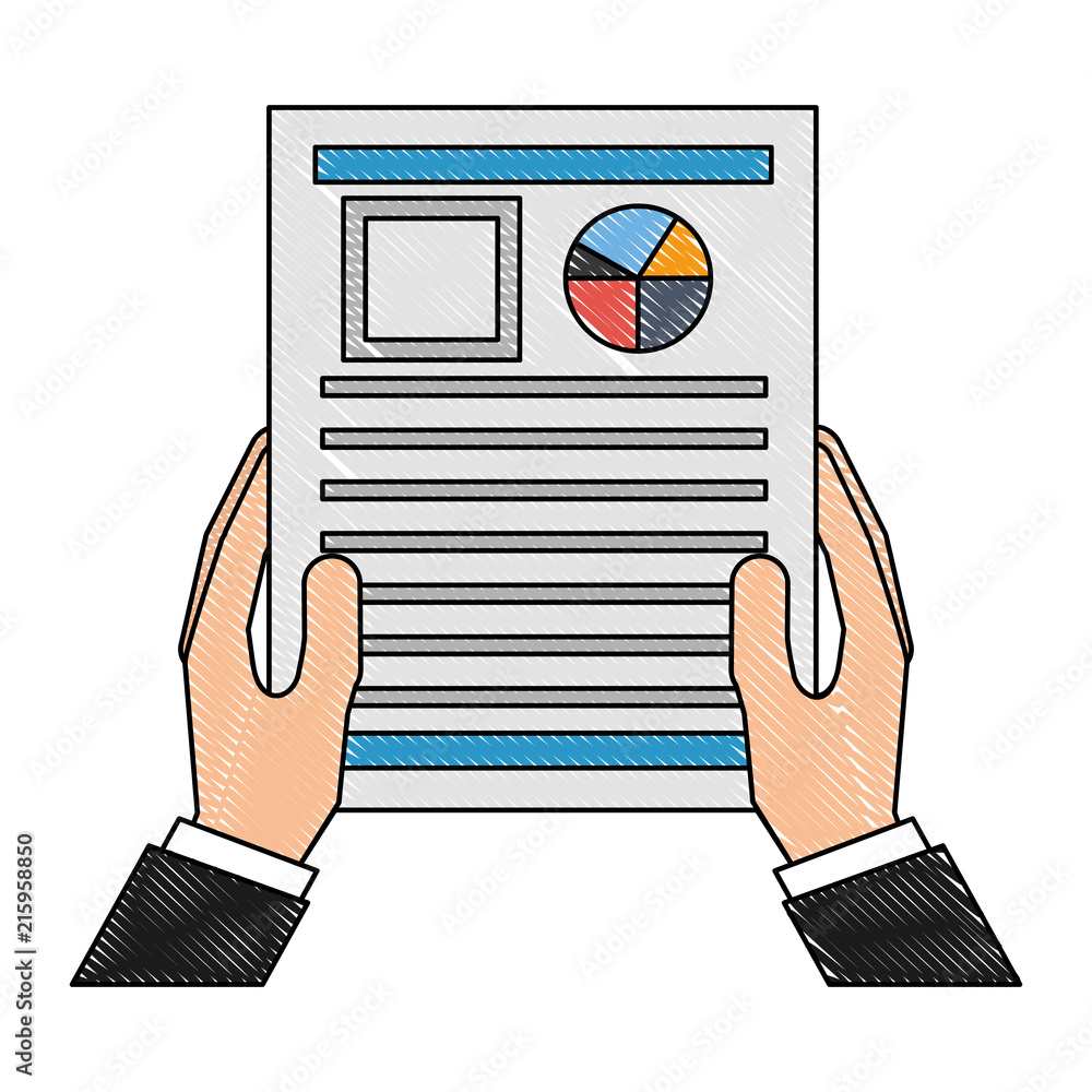 Poster hands with document file and statistics pie graphic icon