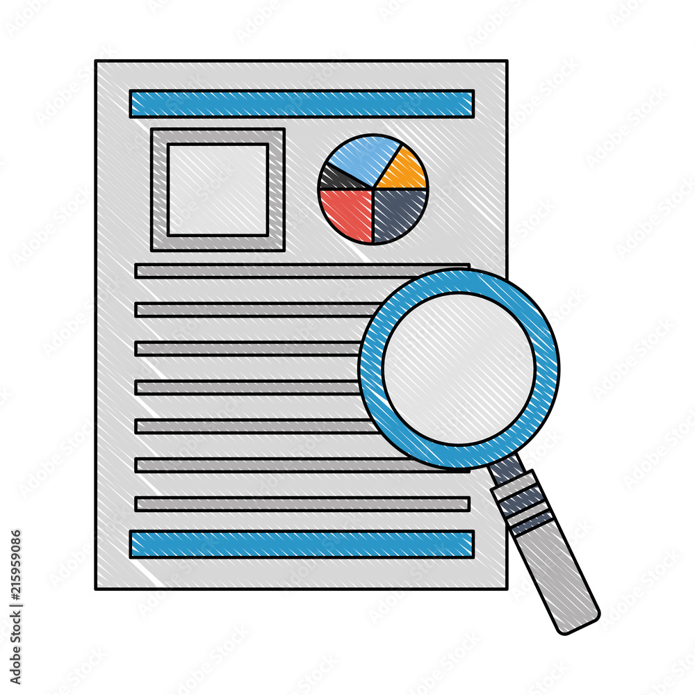 Poster magnifying glass with document file and statistics pie graphic