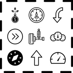 Simple 9 icon set of arrow related speedometer, compass, up arrow and right arrow vector icons. Collection Illustration