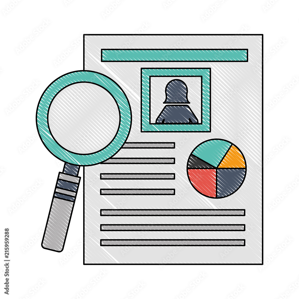 Poster magnifying glass with document file and statistics pie graphic