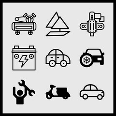 Simple 9 icon set of car related car, car parts, scooter bike and car vector icons. Collection Illustration
