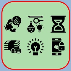 Simple 6 icon set of business related lightbulb, money, science and hourglass vector icons. Collection Illustration