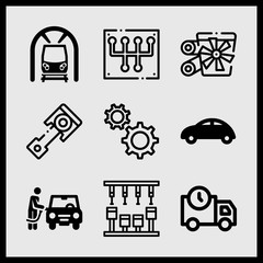 Simple 9 icon set of car related piston, gear, touring car and refuel vector icons. Collection Illustration
