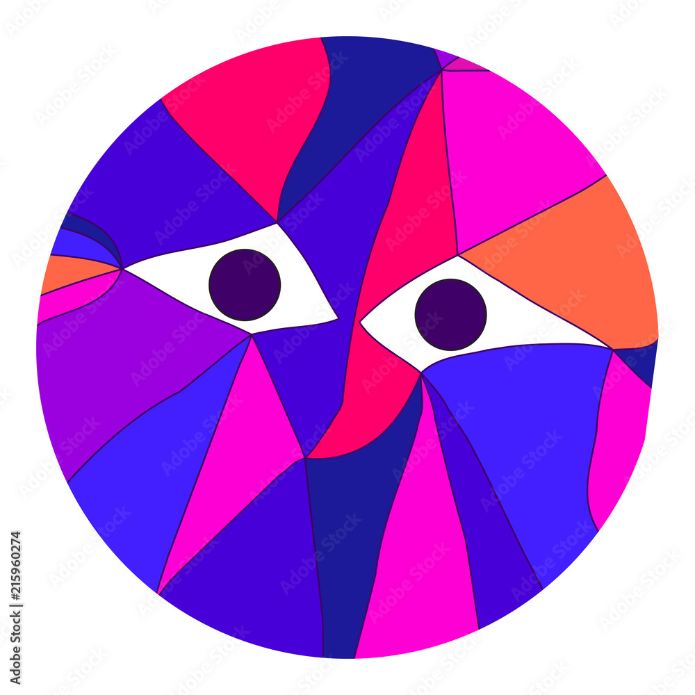 Poster Vector illustration of abstract background for design. Polygonal Mosaic. Triangular low poly flat style. Portrait of creature with eyes in cubisma bstractionism in a cirle isolated on white background
