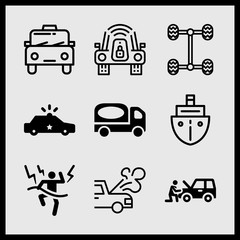 Simple 9 icon set of car related ship, police car, cab and car vector icons. Collection Illustration