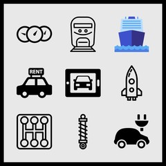 Simple 9 icon set of car related car charging, car on tablet, shock absorber and boat vector icons. Collection Illustration