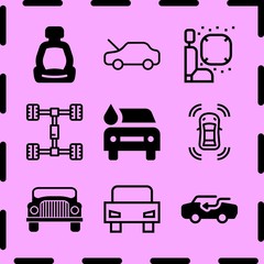 Simple 9 icon set of car related car, airbag, car outline frontal view and car vector icons. Collection Illustration