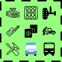 Simple 9 icon set of service related suspension, motor, bus vehicle and gearbox vector icons. Collection Illustration