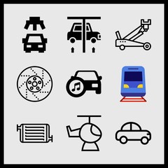 Simple 9 icon set of car related car, radiator, mechanic and train vector icons. Collection Illustration