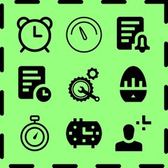 Simple 9 icon set of time related repair mechanism, clock, speedometer circular outlined tool symbol and clock vector icons. Collection Illustration