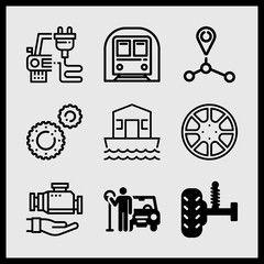 Simple 9 icon set of car related alloy wheel, route, underground and gears vector icons. Collection Illustration