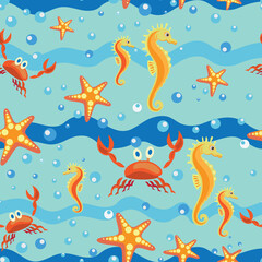 Seahorse, starfish and crab. Seamless pattern. The background is a blue summer sea. Design for textiles, tapestries, a poster with children's characters cartoon sea creatures.