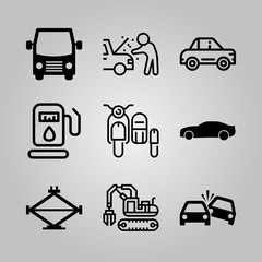 Simple 9 icon set of transport related sidecar, garage elevator, gas station and black big car side view vector icons. Collection Illustration