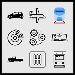 Simple 9 icon set of car related tram, brake, gearbox and airplane vector icons. Collection Illustration