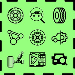 Simple 9 icon set of service related mechanics, car engine, car repair and suspension vector icons. Collection Illustration