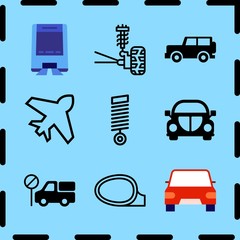 Simple 9 icon set of travel related stop truck, car, airplane outline and monorail vector icons. Collection Illustration