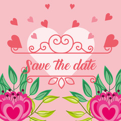 save the date pink flowers love hearts romantic style vector illustration