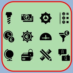 Simple 12 icon set of business related questions, money, settings and protractor vector icons. Collection Illustration