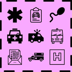 Simple 9 icon set of medicine related ambulance, ambulance, hospital and emergency medical vehicle vector icons. Collection Illustration