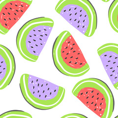 Fototapeta premium Watermelon and exotic fruits seamless pattern. Fresh rd and purple watermelons, tropical fruits summer detox