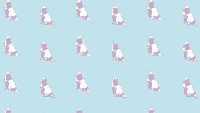 Patr&oacute;n de siluetas de perro rosa y blanco sobre un fondo azul. Las figuras est&aacute;n en movimiento.