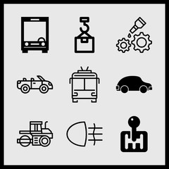 Simple 9 icon set of car related car black rounded shape side view, bulldozer, cogwheel and gearshift vector icons. Collection Illustration