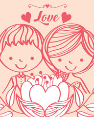 wedding cute bride and groom flower hearts card vector illustration