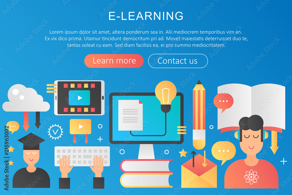 Poster Vector trendy flat gradient color Elearning online learning concept template banner with icons and text.