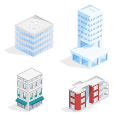 City buildings vector illustration of isometric residential houses and business center offices, houses with balcony and helicopter platform or helipad. Isolated modern architecture models