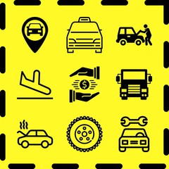 Simple 9 icon set of business related car repair, arrivals, delivery truck front and profits vector icons. Collection Illustration