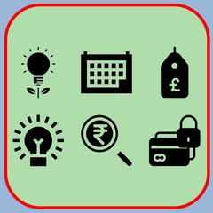 Simple 6 icon set of business related price tag, bulb, lightbulb and magnifying glass vector icons. Collection Illustration
